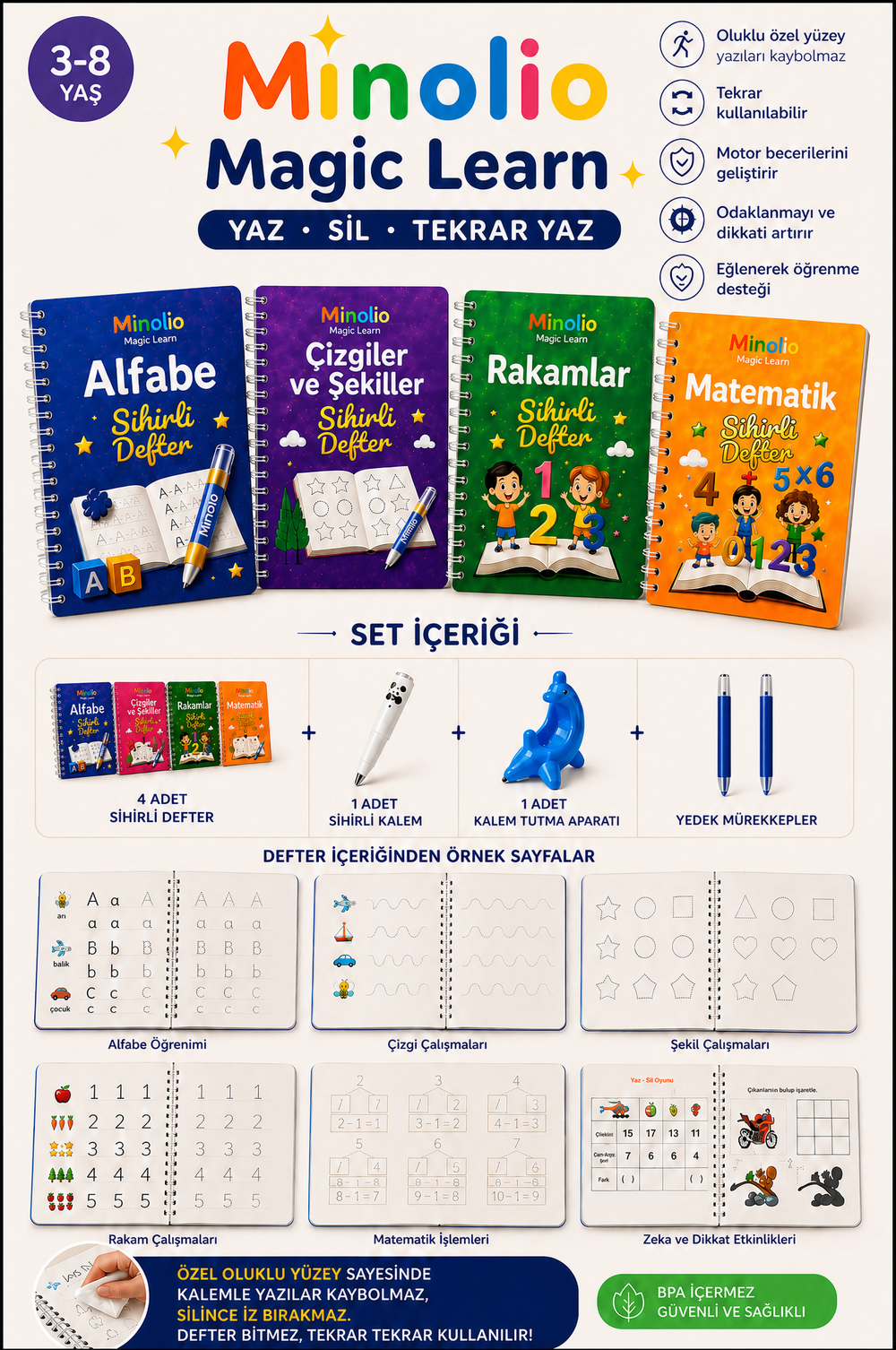 Minolio - Magic Learn Kabartmalı Sihirli Defter – 4 Adet + Sihirli Kalem Hediyeli
