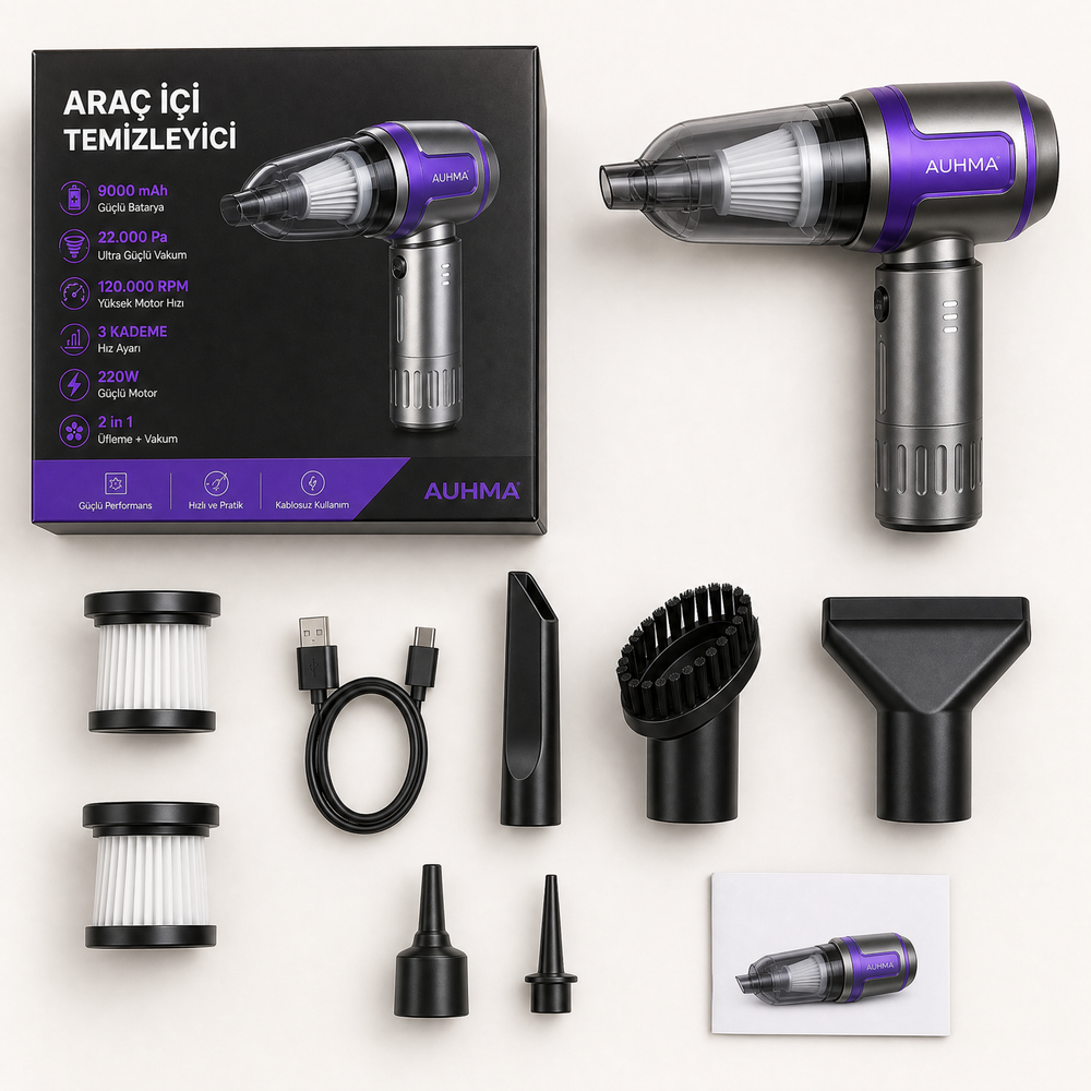 Auhma Şarjlı Oto Süpürgesi – 2'si 1 Arada Vakum + Üfleme, 10 Parça Set
